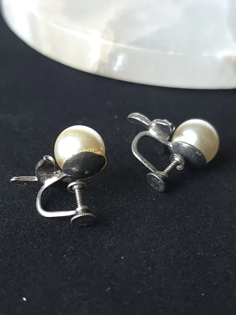 Vintage Sterling Silver Screwback Earrings Faux Pearl And Rhinestone Flower